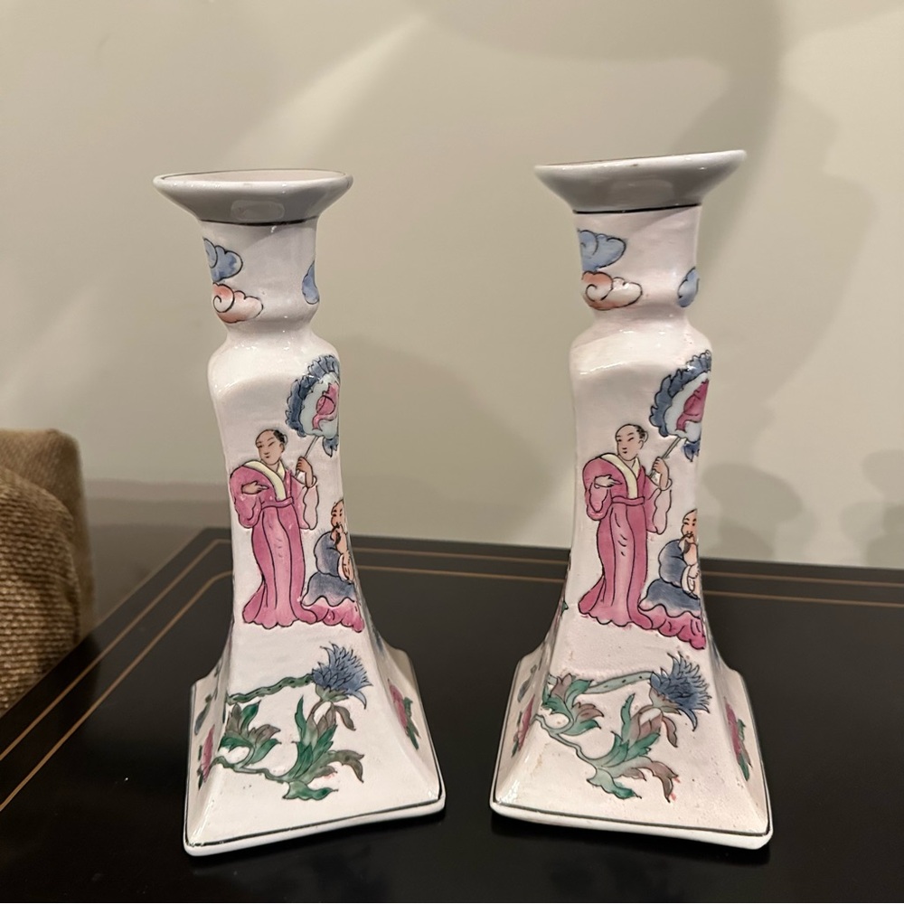 Vintage Macau Chinoiserie Candlestick Holders